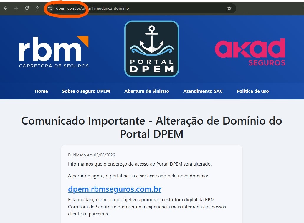 Comunicado sobre a mudança de domínio publicado no Portal DPEM em computador