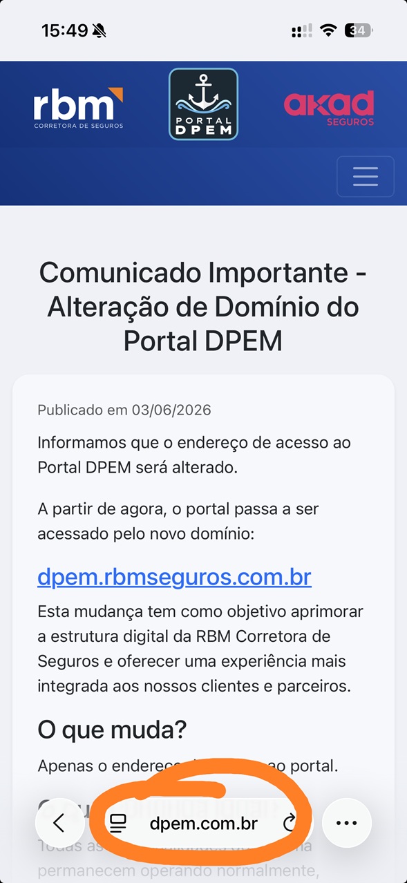 Comunicado sobre a mudança de domínio publicado no Portal DPEM em celular